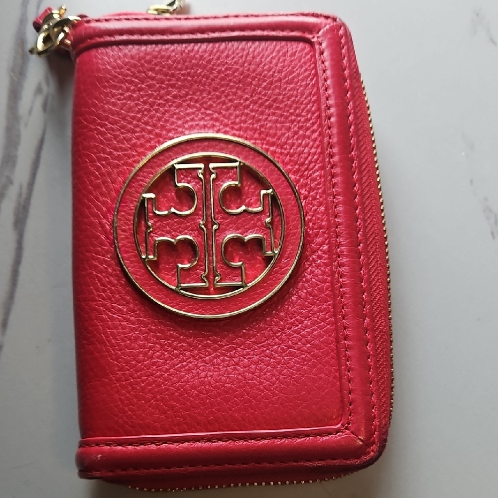 Tory Burch Red Pebbled Leather Zip Card Case with Gold Logo